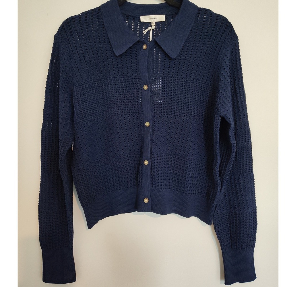 FRAME Navy Shrunken Crochet Cardigan Pointelle Knit Polo Sweater WS24KSW031 XL